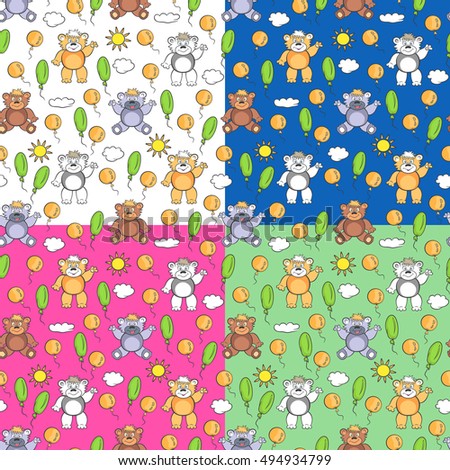Bears smiling. Cheerful children seamless pattern with balloons, sun and clouds. The background color of your choice