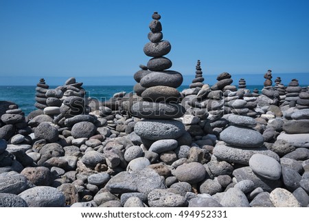 Huge amount of zen stones piled in the beach, Puerto de la Cruz, Tenerife, Spain.