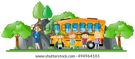 Children and teacher standing by school bus illustration