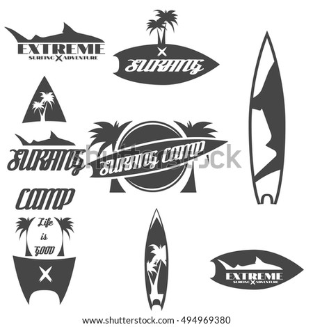 Set of vintage old school surfing labels, logos, badges and design elements isolated on white background.Vector illustration