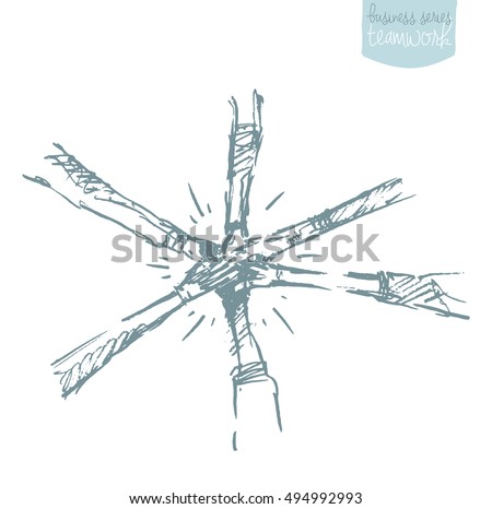 Sketch of a people, putting their hand on top of each other. Teamwork, collaboration, concept vector illustration
