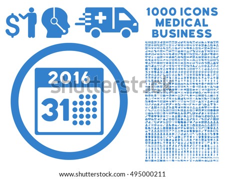 Last 2016 Month Day icon with 1000 medical business cobalt vector design elements. Set style is flat symbols, white background.