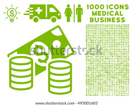 Cash icon with 1000 medical commercial eco green vector design elements. Collection style is flat symbols, white background.
