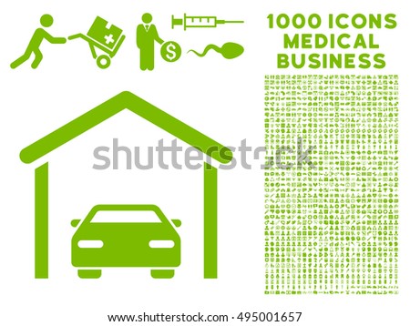 Car Garage icon with 1000 medical commerce eco green vector pictograms. Set style is flat symbols, white background.