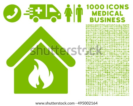 Building Fire icon with 1000 medical commerce eco green vector design elements. Design style is flat symbols, white background.