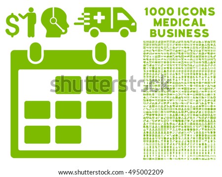 Calendar Month icon with 1000 medical business eco green vector design elements. Clipart style is flat symbols, white background.