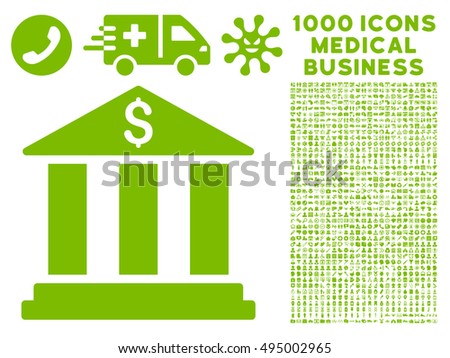 Bank Building icon with 1000 medical business eco green vector design elements. Set style is flat symbols, white background.