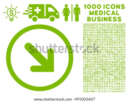 Arrow Right-Down icon with 1000 medical commercial eco green vector design elements. Collection style is flat symbols, white background.