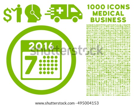2016 Week Calendar icon with 1000 medical commercial eco green vector design elements. Clipart style is flat symbols, white background.