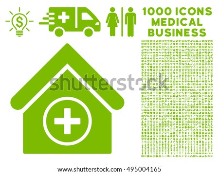 Add Building icon with 1000 medical commercial eco green vector pictograms. Design style is flat symbols, white background.