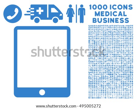 Mobile Tablet icon with 1000 medical commerce cobalt vector design elements. Clipart style is flat symbols, white background.