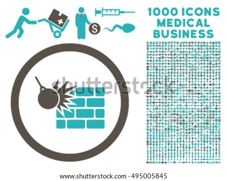 Wall Destruction icon with 1000 medical commerce grey and cyan vector pictograms. Collection style is flat bicolor symbols, white background.