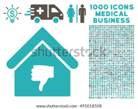 Thumb Down Building icon with 1000 medical commercial grey and cyan vector pictographs. Design style is flat bicolor symbols, white background.