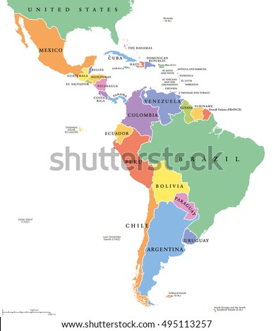 Latin America single states political map. Countries in different colors, with national borders and English country names. From Mexico to the southern tip of South America, including the Caribbean. Royalty-Free Stock Photo #495113257