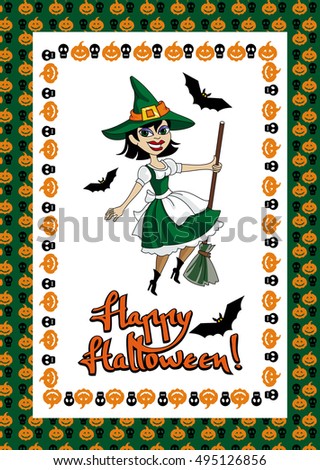 A witch with a broom and holiday greeting "Happy Halloween!". Greeting card. Copy space. Raster clip art.