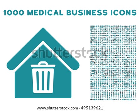 Trash House icon with 1000 medical commercial soft blue vector pictograms. Design style is flat bicolor symbols, white background.