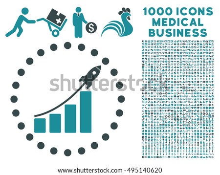 Startup Sales icon with 1000 medical commerce soft blue vector design elements. Clipart style is flat bicolor symbols, white background.
