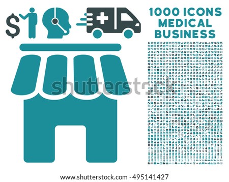 Shop Building icon with 1000 medical commercial soft blue vector design elements. Clipart style is flat bicolor symbols, white background.
