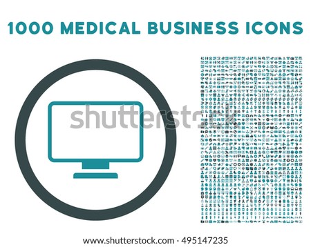Monitor icon with 1000 medical commerce soft blue vector pictograms. Design style is flat bicolor symbols, white background.