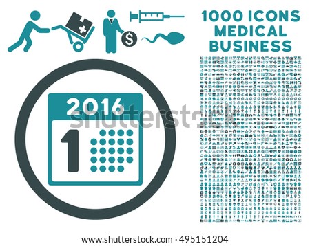First 2016 Day icon with 1000 medical commercial soft blue vector pictographs. Clipart style is flat bicolor symbols, white background.
