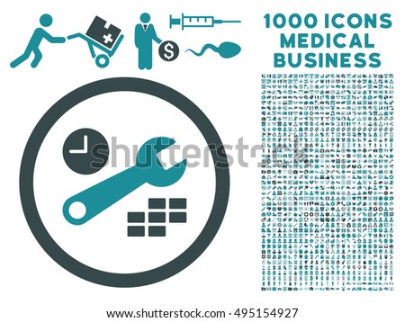 Date and Time Configuration icon with 1000 medical commerce soft blue vector design elements. Collection style is flat bicolor symbols, white background.