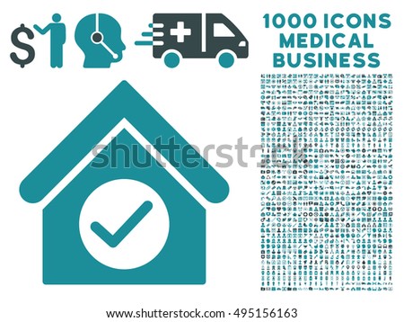 Check Building icon with 1000 medical business soft blue vector pictographs. Set style is flat bicolor symbols, white background.