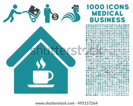 Cafe House icon with 1000 medical business soft blue vector design elements. Set style is flat bicolor symbols, white background.