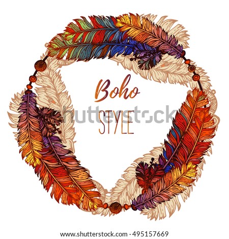 Hand drawn bright feather wreath. Illustration in boho vintage style with wreath of painted feathers on white background. Summer t-shirt design