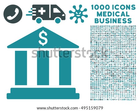 Bank Building icon with 1000 medical commercial soft blue vector pictograms. Collection style is flat bicolor symbols, white background.