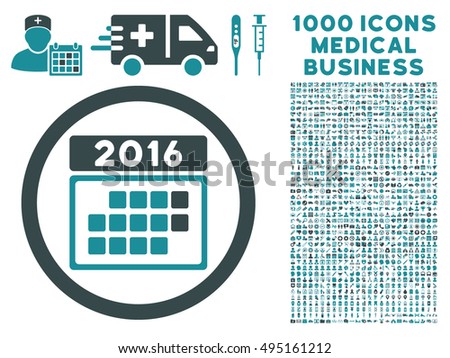 2016 Month Calendar icon with 1000 medical commerce soft blue vector design elements. Collection style is flat bicolor symbols, white background.