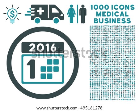 2016 Day icon with 1000 medical business soft blue vector design elements. Design style is flat bicolor symbols, white background.