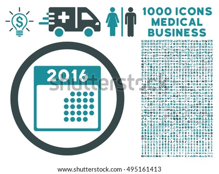 2016 Month Calendar icon with 1000 medical business soft blue vector design elements. Clipart style is flat bicolor symbols, white background.