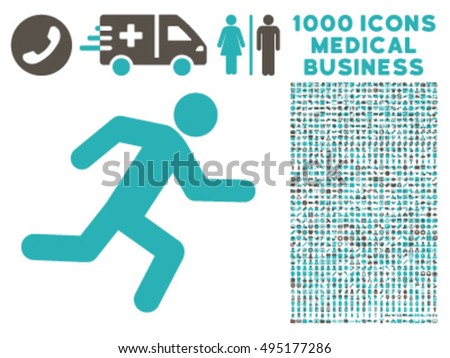 Running Man icon with 1000 medical business grey and cyan vector pictographs. Clipart style is flat bicolor symbols, white background.