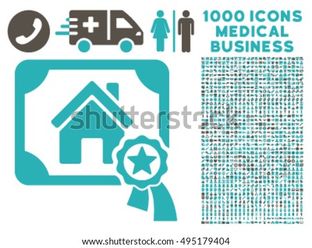 Realty Certification icon with 1000 medical commercial grey and cyan vector pictograms. Collection style is flat bicolor symbols, white background.