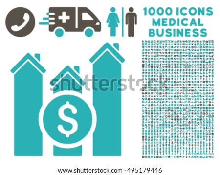 Realty Price Charts icon with 1000 medical commerce grey and cyan vector pictograms. Clipart style is flat bicolor symbols, white background.