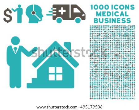 Realty Agent icon with 1000 medical commerce grey and cyan vector design elements. Design style is flat bicolor symbols, white background.