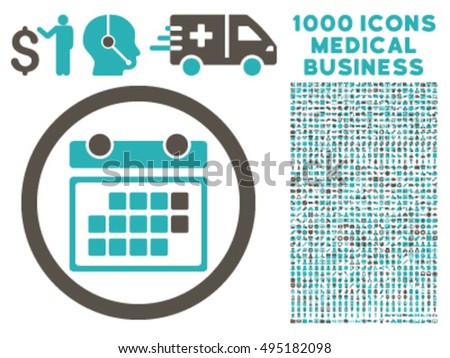 Month Calendar icon with 1000 medical commercial grey and cyan vector design elements. Collection style is flat bicolor symbols, white background.