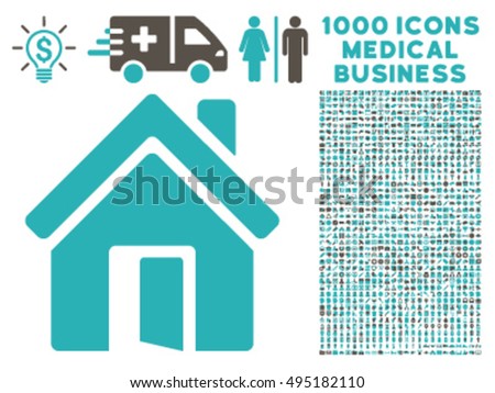 Open House Door icon with 1000 medical business grey and cyan vector pictograms. Set style is flat bicolor symbols, white background.