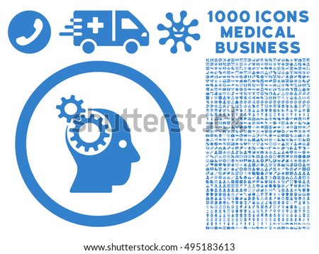 Intellect Gears icon with 1000 medical business cobalt vector pictograms. Clipart style is flat symbols, white background.