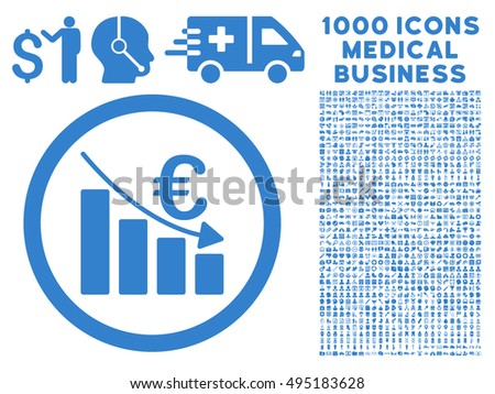 Euro Recession icon with 1000 medical business cobalt vector pictograms. Set style is flat symbols, white background.