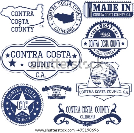 Contra Costa county, California. Set of generic stamps and signs including Contra Costa county map and seal elements. Royalty-Free Stock Photo #495190696