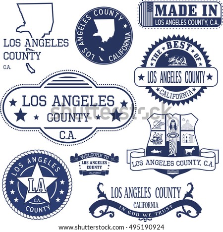 Los Angeles county, California. Set of generic stamps and signs including Los Angeles county map and seal elements.