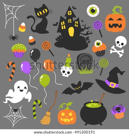 Halloween illustration vector collection. Cute clip art set in spooky theme. Autumn October holiday seasonal graphic elements design. Cartoon drawing in simple flat style halloween theme in vector.