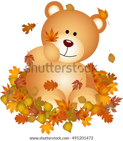 Teddy bear on set fall leaves
