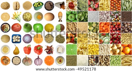 Food collage including pictures of vegetables, fruit, pasta isolated and as a background