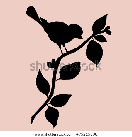 Silhouette of a bird on a tree branch. Hand drawn illustration with birdie. Bird's silhouete isolated on a pink background.
