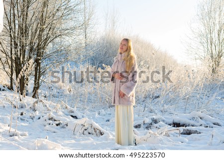 model in winter forest