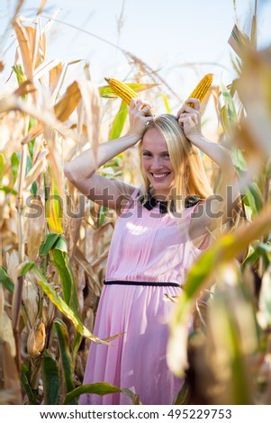 model in corn field