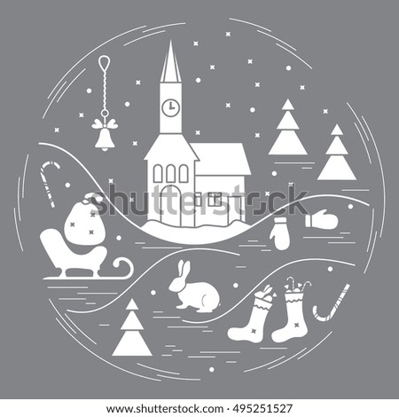 Vector illustration of different new year and christmas symbols arranged in a circle.