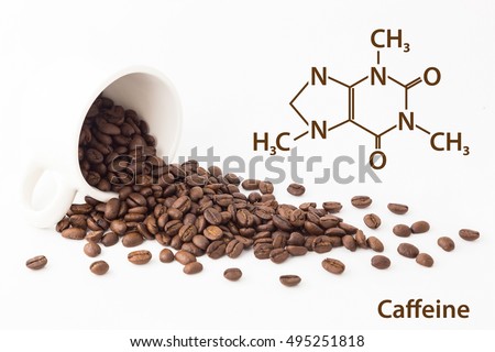 Chemical formula of Caffeine with roasted coffee spill out of cup on white background. Royalty-Free Stock Photo #495251818